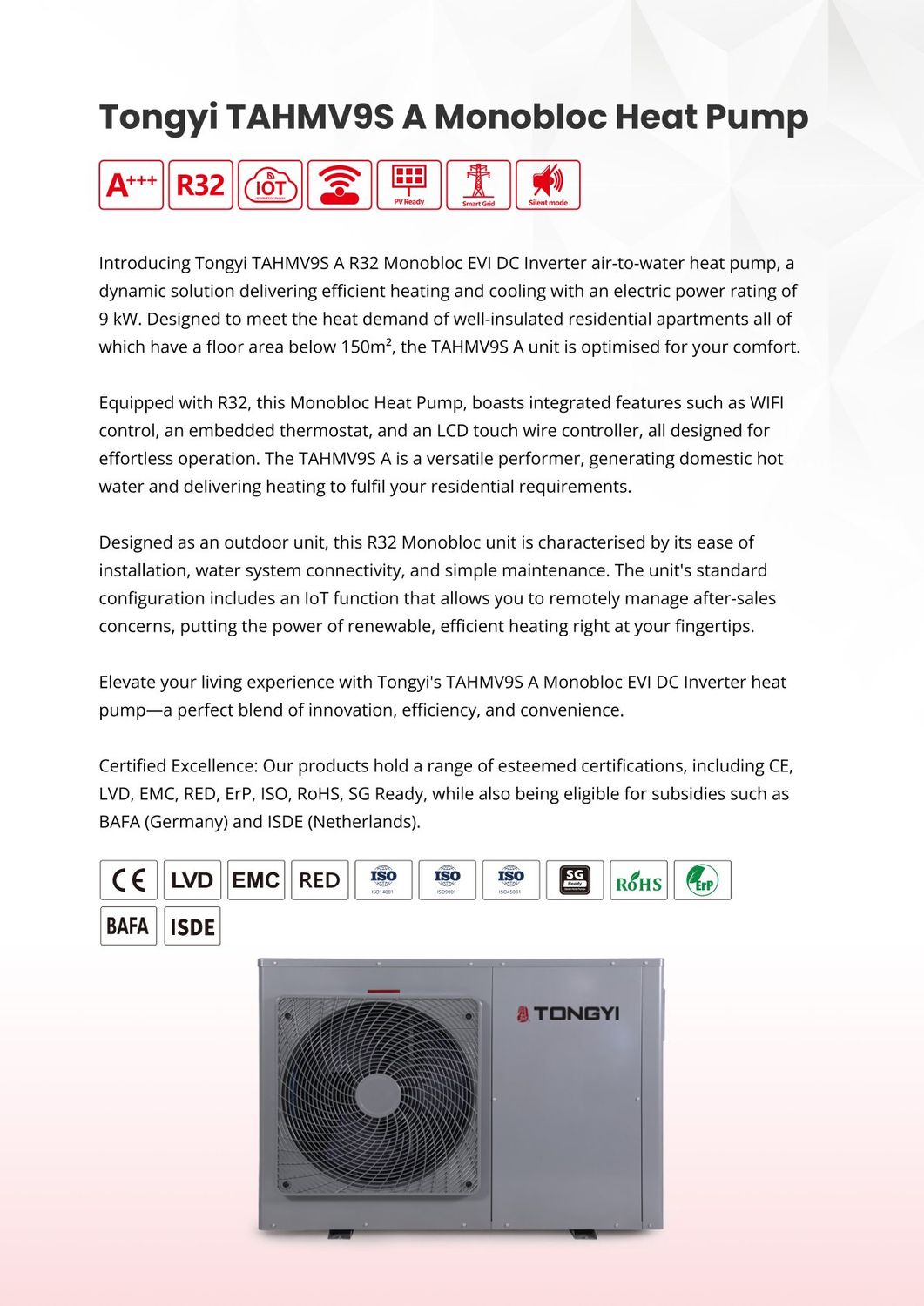 Tongyi Wärmepumpe R32 9kW Monoblock Luft-Wasser Wifi BAFA